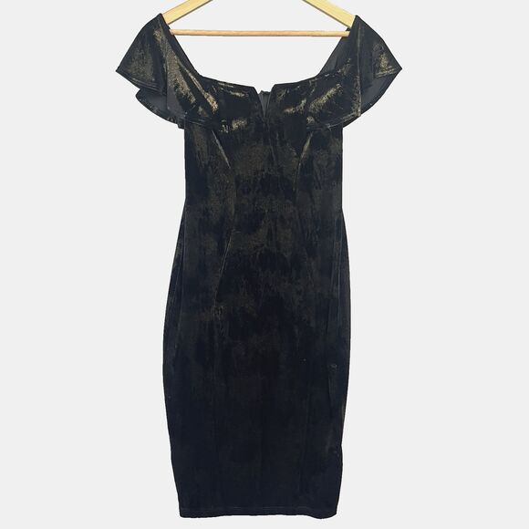 VTG 90s Black Velvet‎ Bodycon Off Shoulder Dress Gold Sheen Sz Small Whimsy Goth - Picture 1 of 8